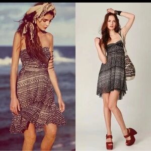 FREE PEOPLE BLACK GREY TRIBAL PRINT MESH STRAPLESS SWEETHEART HI LOW DRESS SMALL